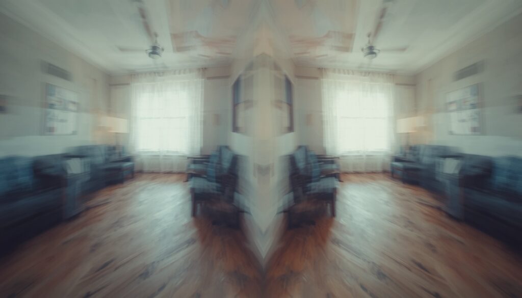 Blurred, doubled image of the same room, illustrating whether the brain can predict the future through déjà vu